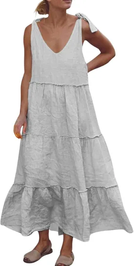 Maxi Linen Tiered Dresses for Women Plus Size V Neck Tie Shoulder Ruffle Flowy Swing Sundress Sleeveless Sundress
