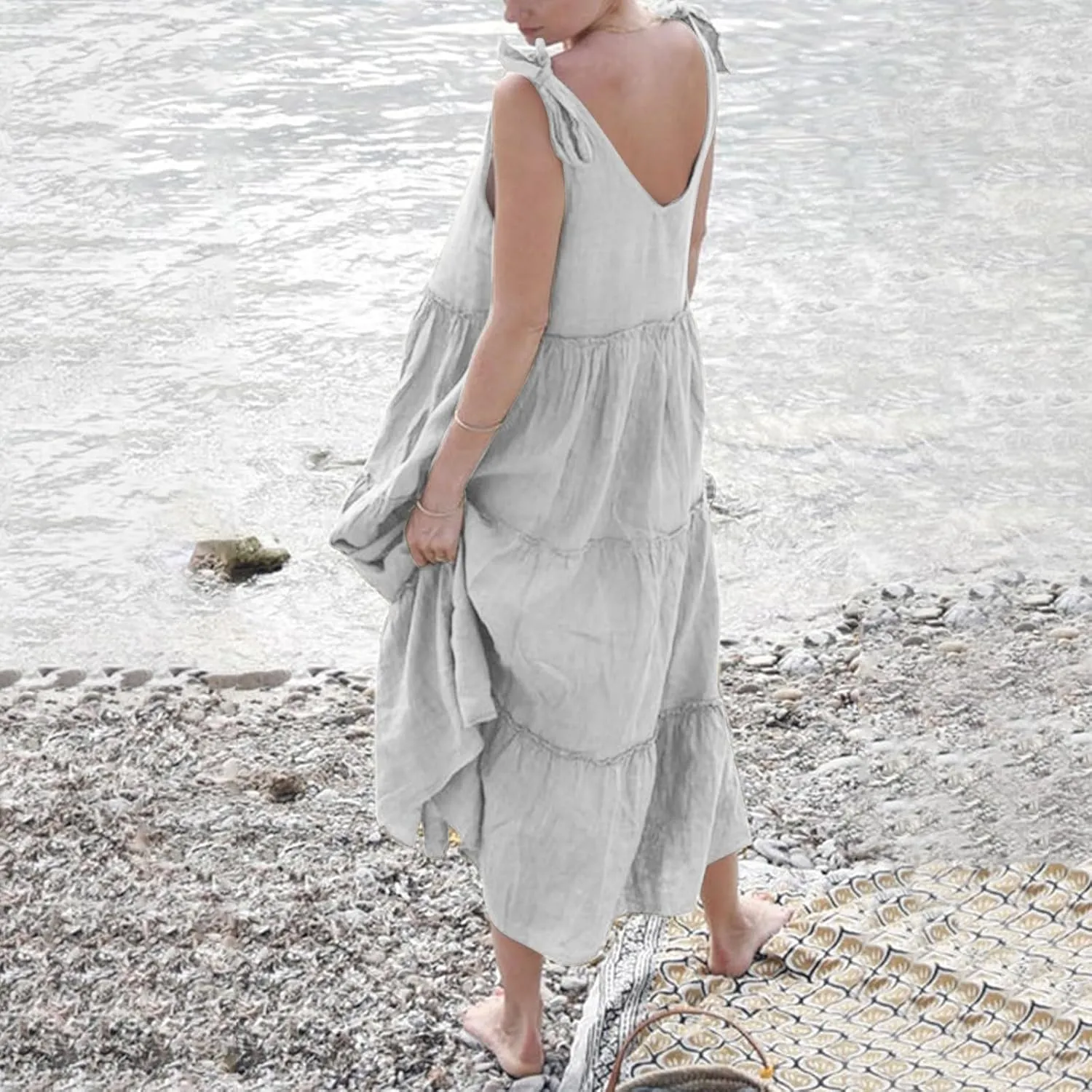 Maxi Linen Tiered Dresses for Women Plus Size V Neck Tie Shoulder Ruffle Flowy Swing Sundress Sleeveless Sundress