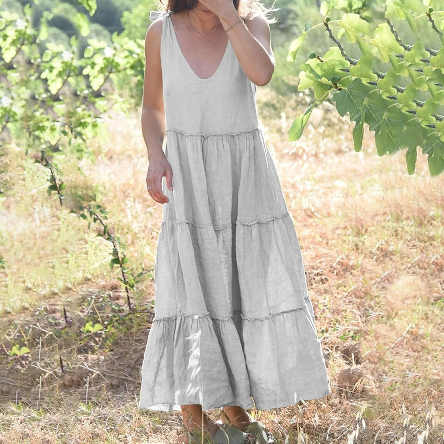 Maxi Linen Tiered Dresses for Women Plus Size V Neck Tie Shoulder Ruffle Flowy Swing Sundress Sleeveless Sundress