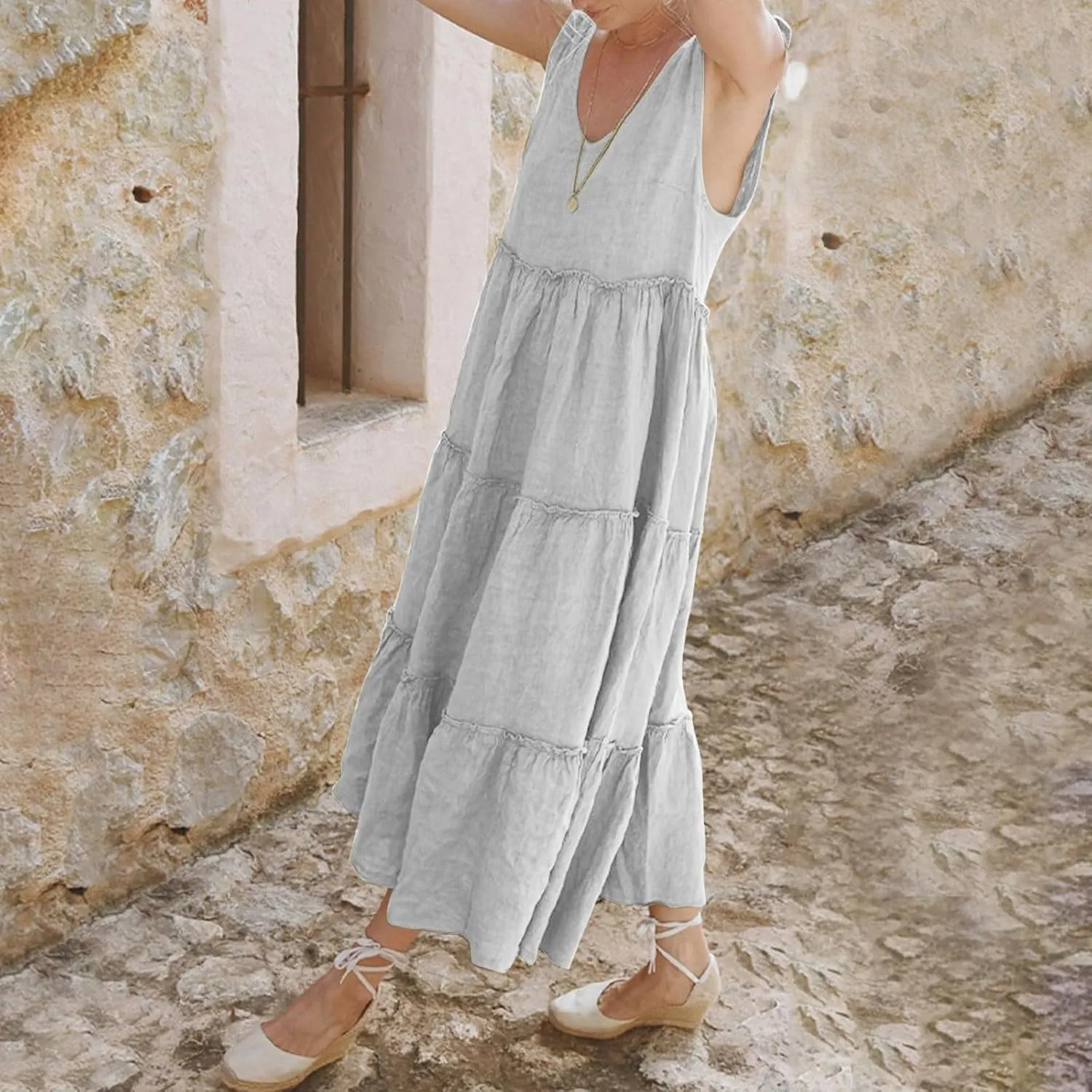 Maxi Linen Tiered Dresses for Women Plus Size V Neck Tie Shoulder Ruffle Flowy Swing Sundress Sleeveless Sundress