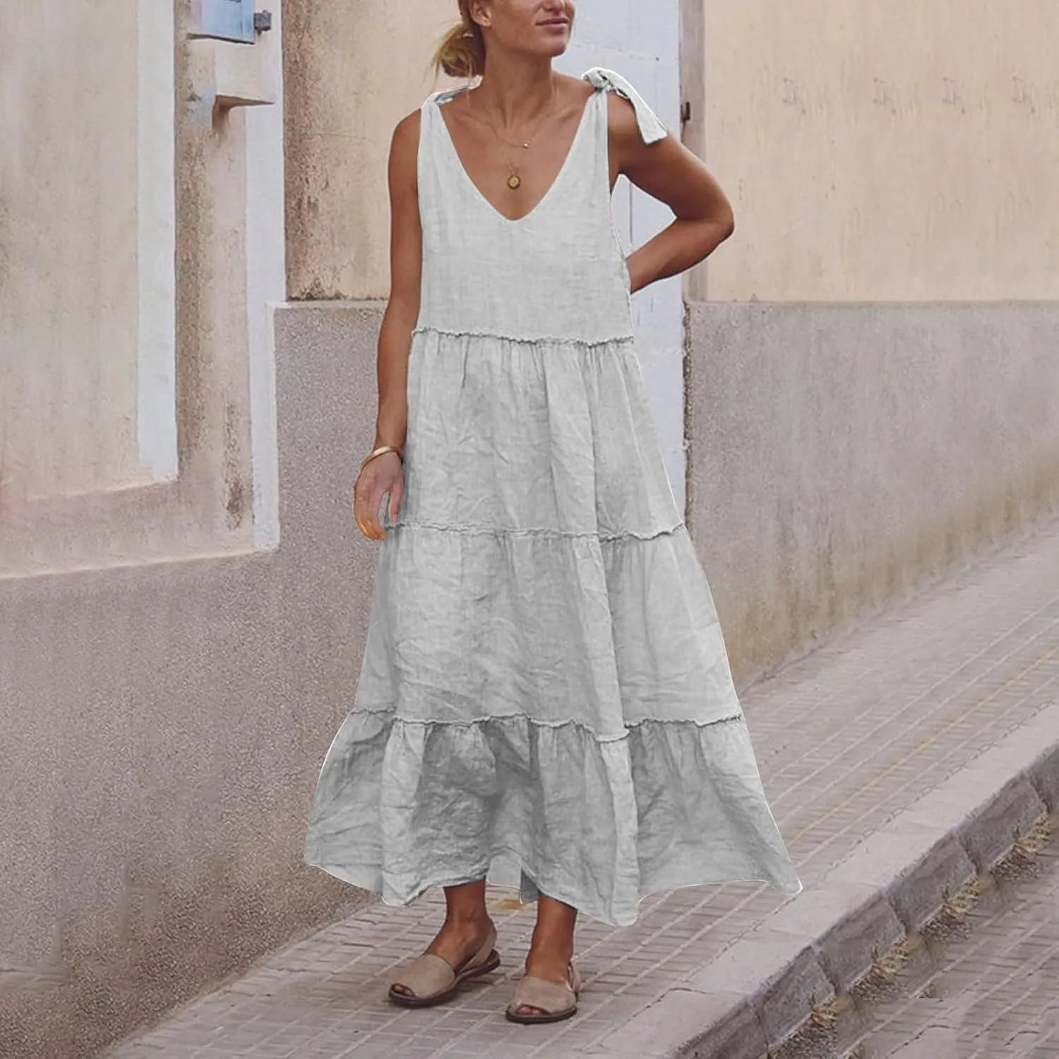 Maxi Linen Tiered Dresses for Women Plus Size V Neck Tie Shoulder Ruffle Flowy Swing Sundress Sleeveless Sundress