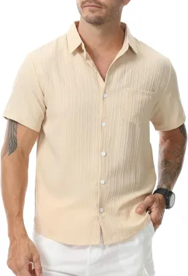 Mens Casual Short Sleeve Shirt Relaxed Button Down Summer Vacation Beach Textured Lightweight Wrinkle Free Shirt