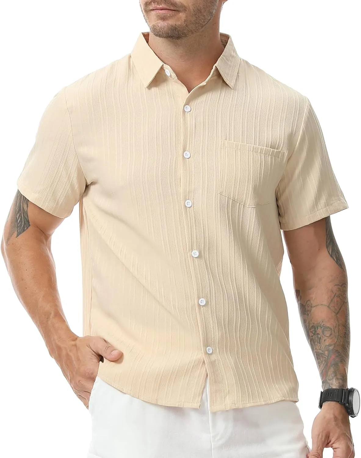 Mens Casual Short Sleeve Shirt Relaxed Button Down Summer Vacation Beach Textured Lightweight Wrinkle Free Shirt