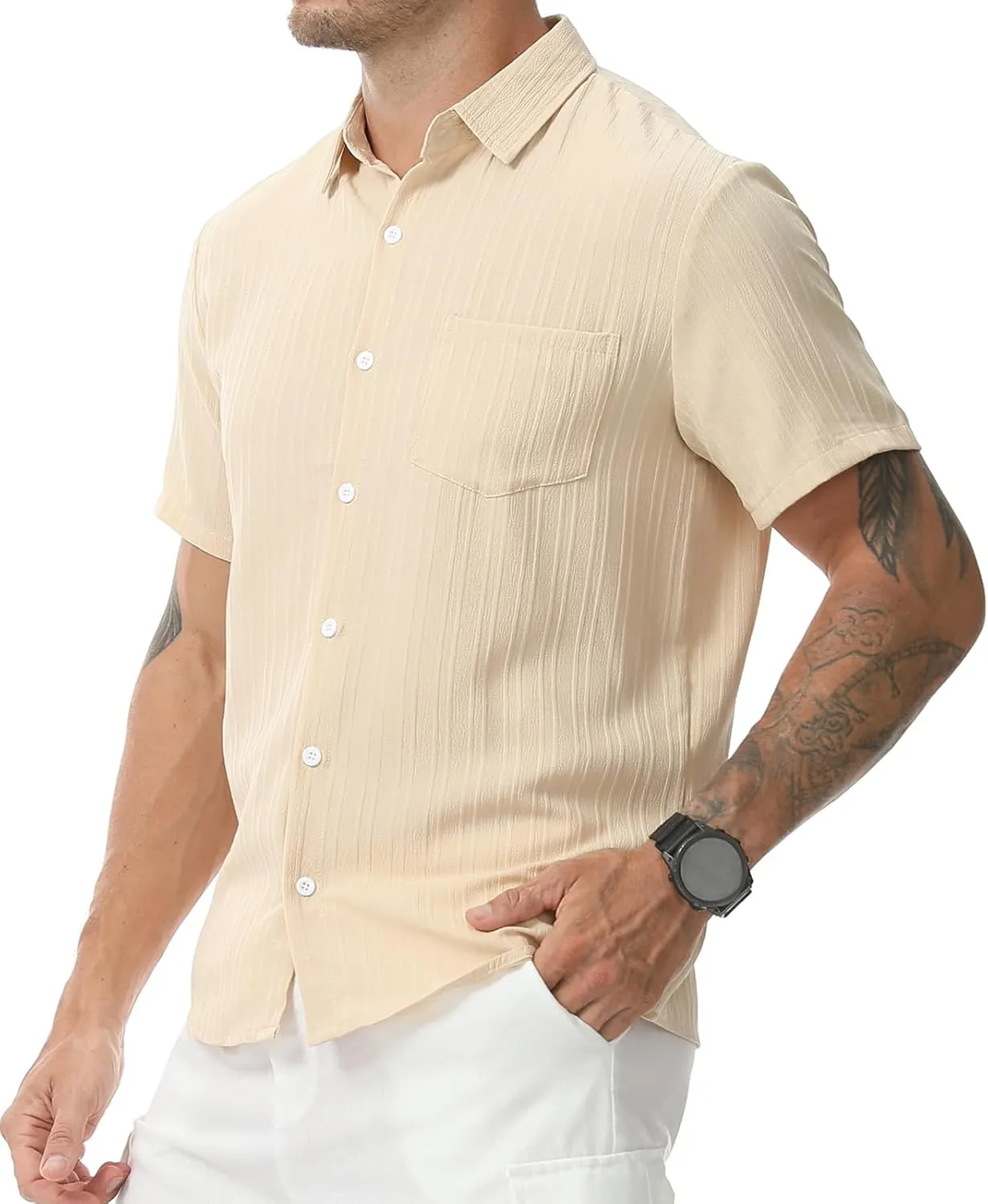 Mens Casual Short Sleeve Shirt Relaxed Button Down Summer Vacation Beach Textured Lightweight Wrinkle Free Shirt