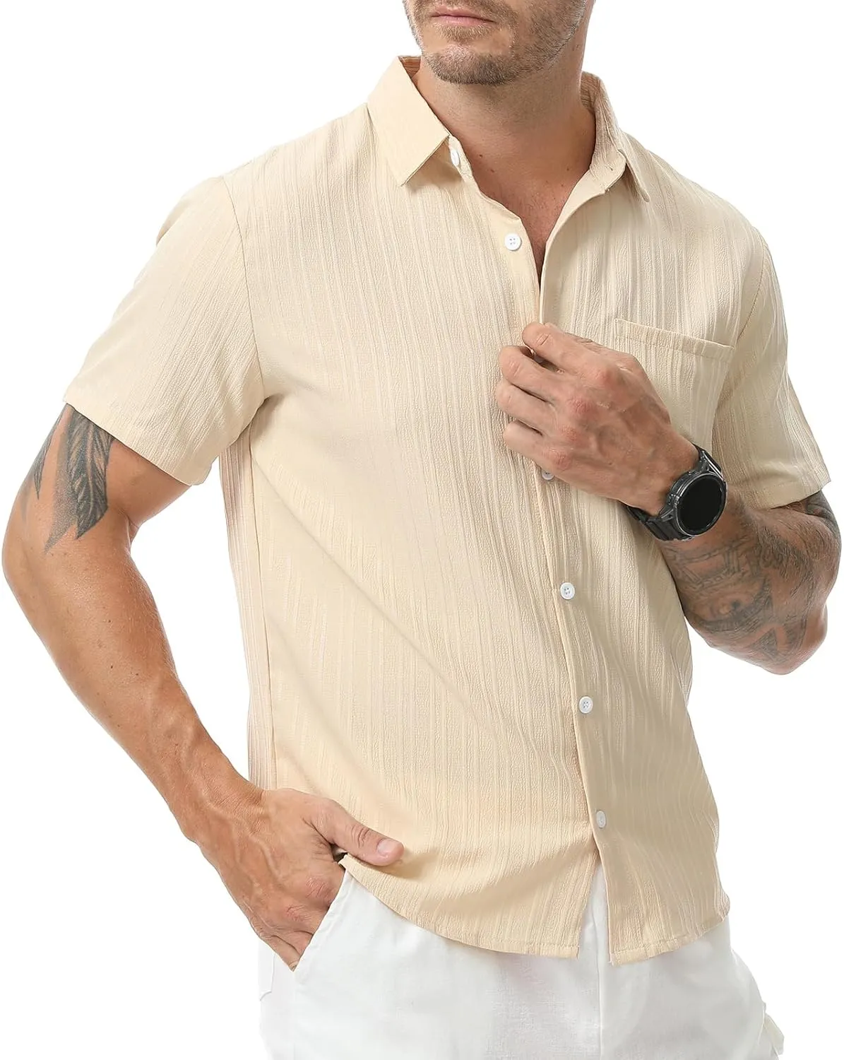 Mens Casual Short Sleeve Shirt Relaxed Button Down Summer Vacation Beach Textured Lightweight Wrinkle Free Shirt
