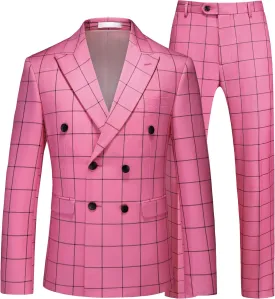MOGU Men's Plaid Tuxedo Suit - Double Breasted 2-Piece Checkered Set with Suit Jacket and Pants for Prom and Wedding