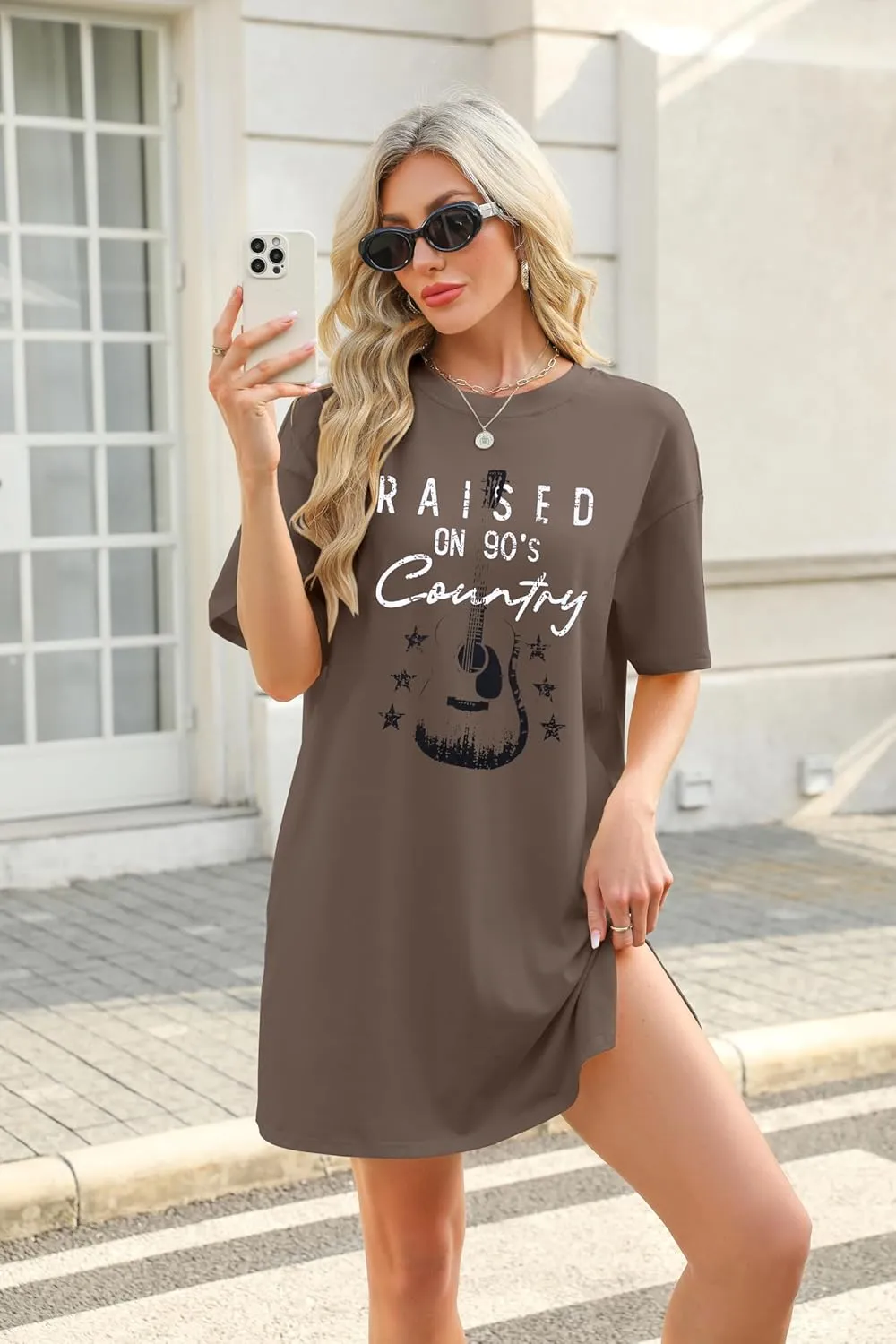 MOUSYA Raised On 90s Country Shirt Dress Country Concert Tshirt Dress For Women Short Sleeve Dress Music Fan T-Shirt Dress
