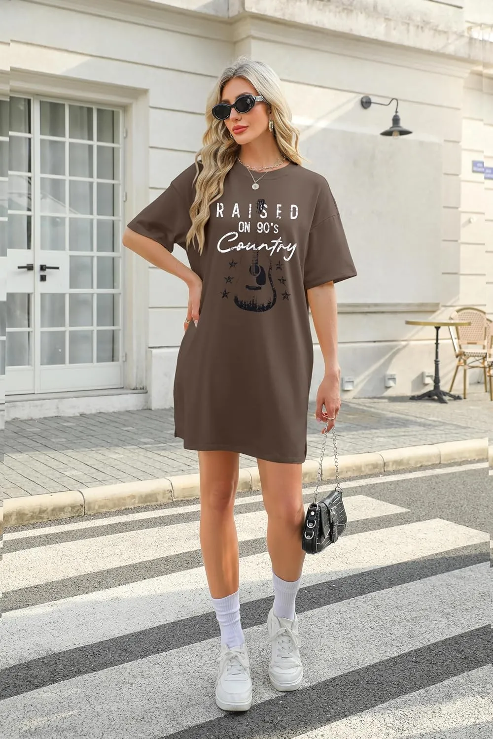 MOUSYA Raised On 90s Country Shirt Dress Country Concert Tshirt Dress For Women Short Sleeve Dress Music Fan T-Shirt Dress