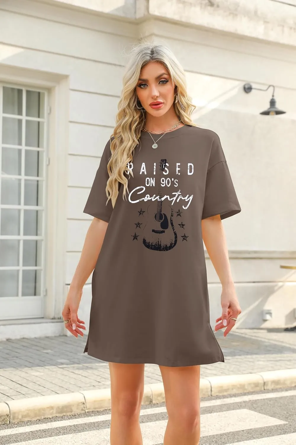 MOUSYA Raised On 90s Country Shirt Dress Country Concert Tshirt Dress For Women Short Sleeve Dress Music Fan T-Shirt Dress