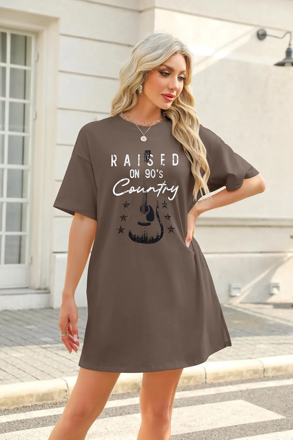 MOUSYA Raised On 90s Country Shirt Dress Country Concert Tshirt Dress For Women Short Sleeve Dress Music Fan T-Shirt Dress
