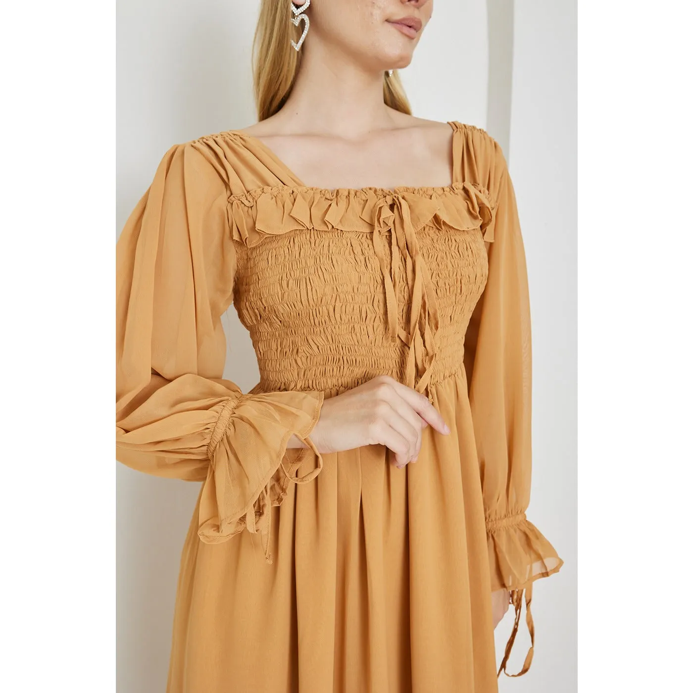 Mustard Chiffon Square Collar Dress