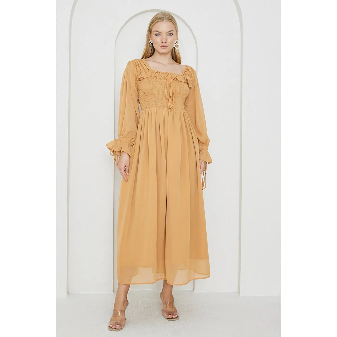 Mustard Chiffon Square Collar Dress
