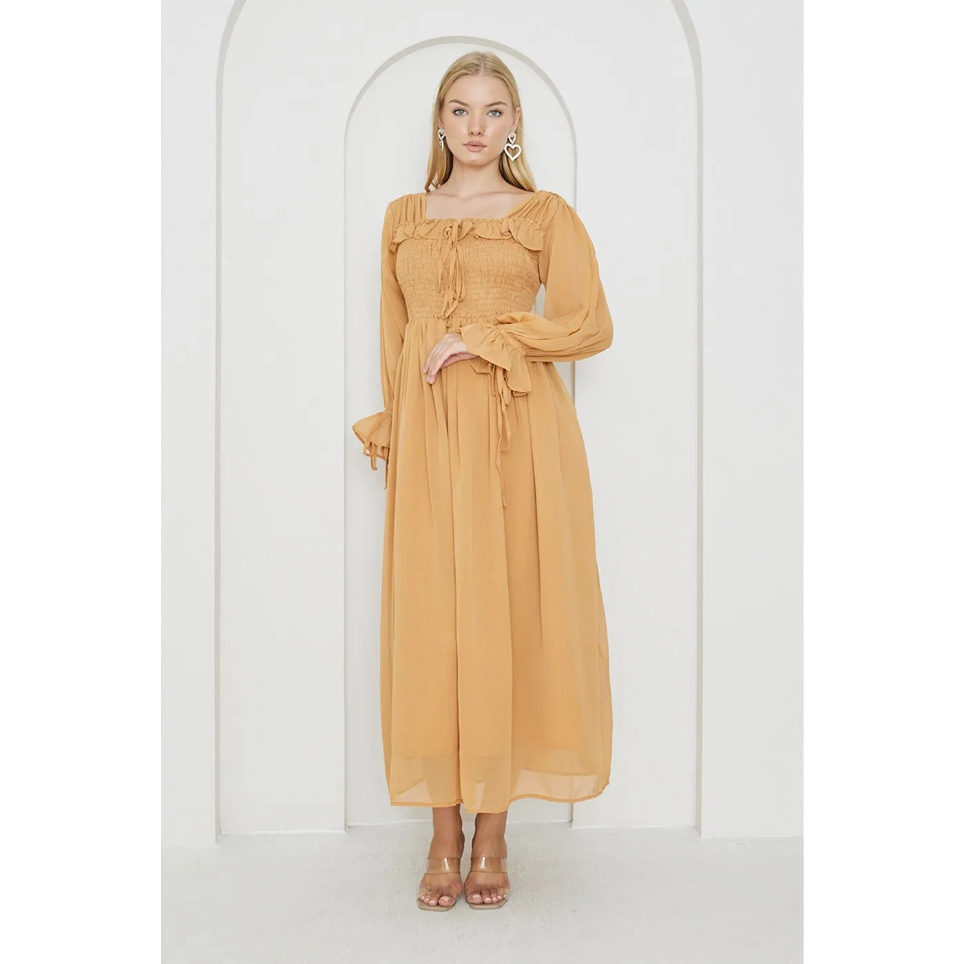 Mustard Chiffon Square Collar Dress