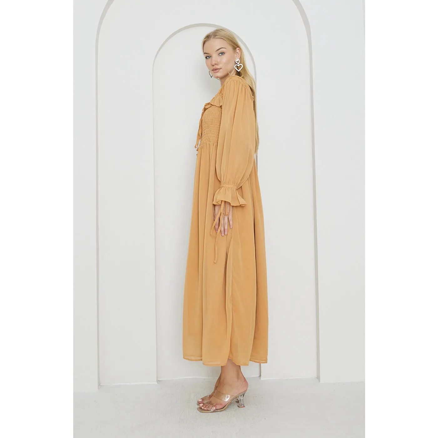 Mustard Chiffon Square Collar Dress