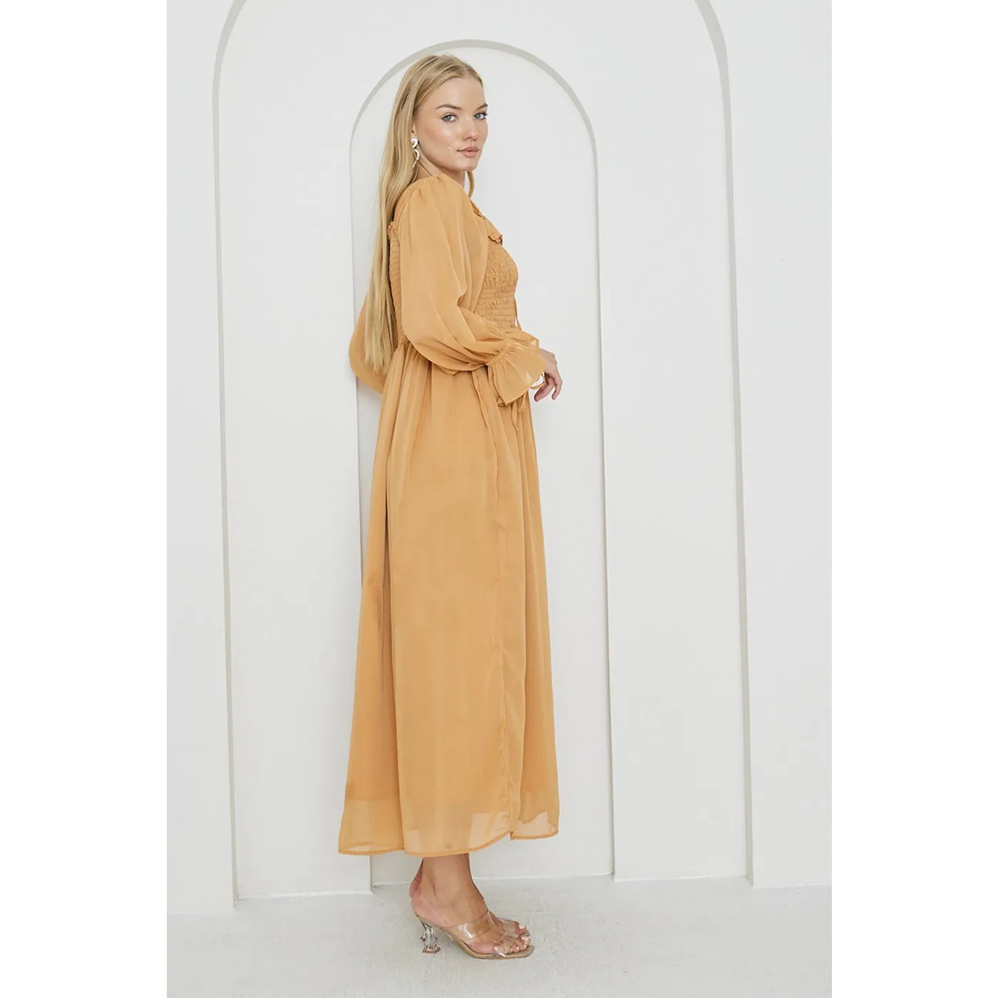 Mustard Chiffon Square Collar Dress