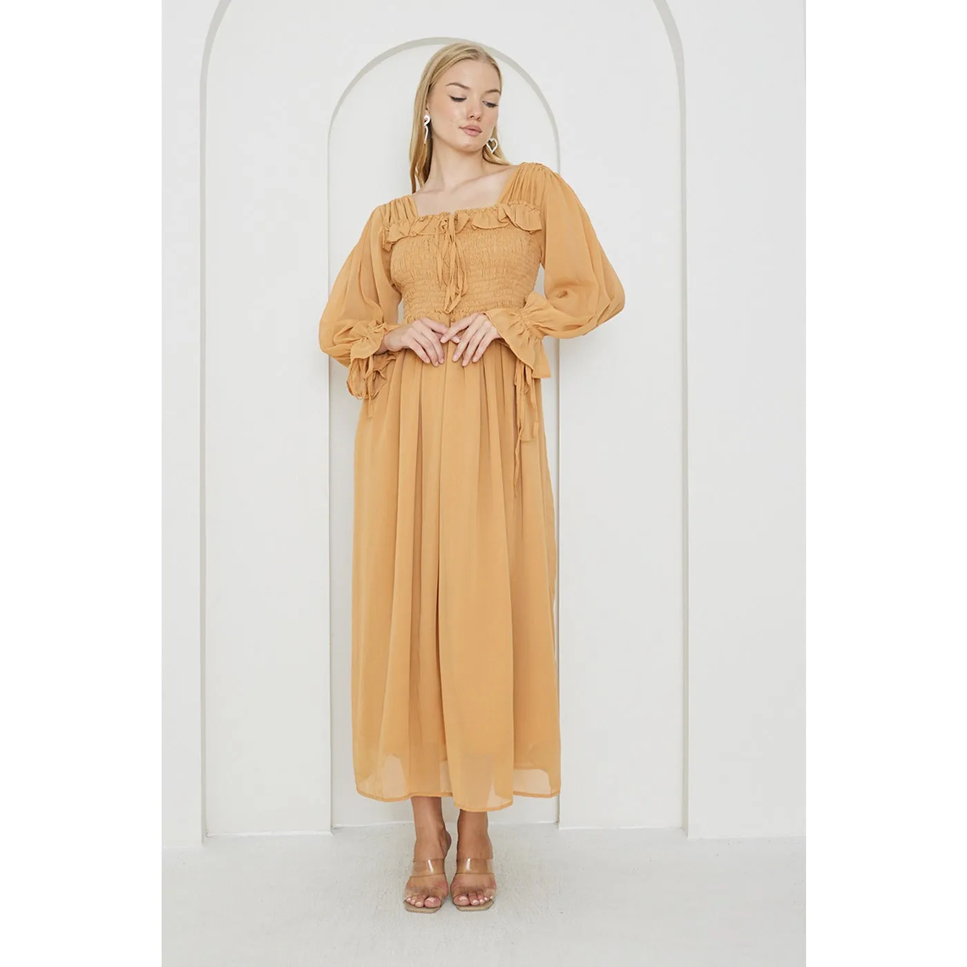 Mustard Chiffon Square Collar Dress