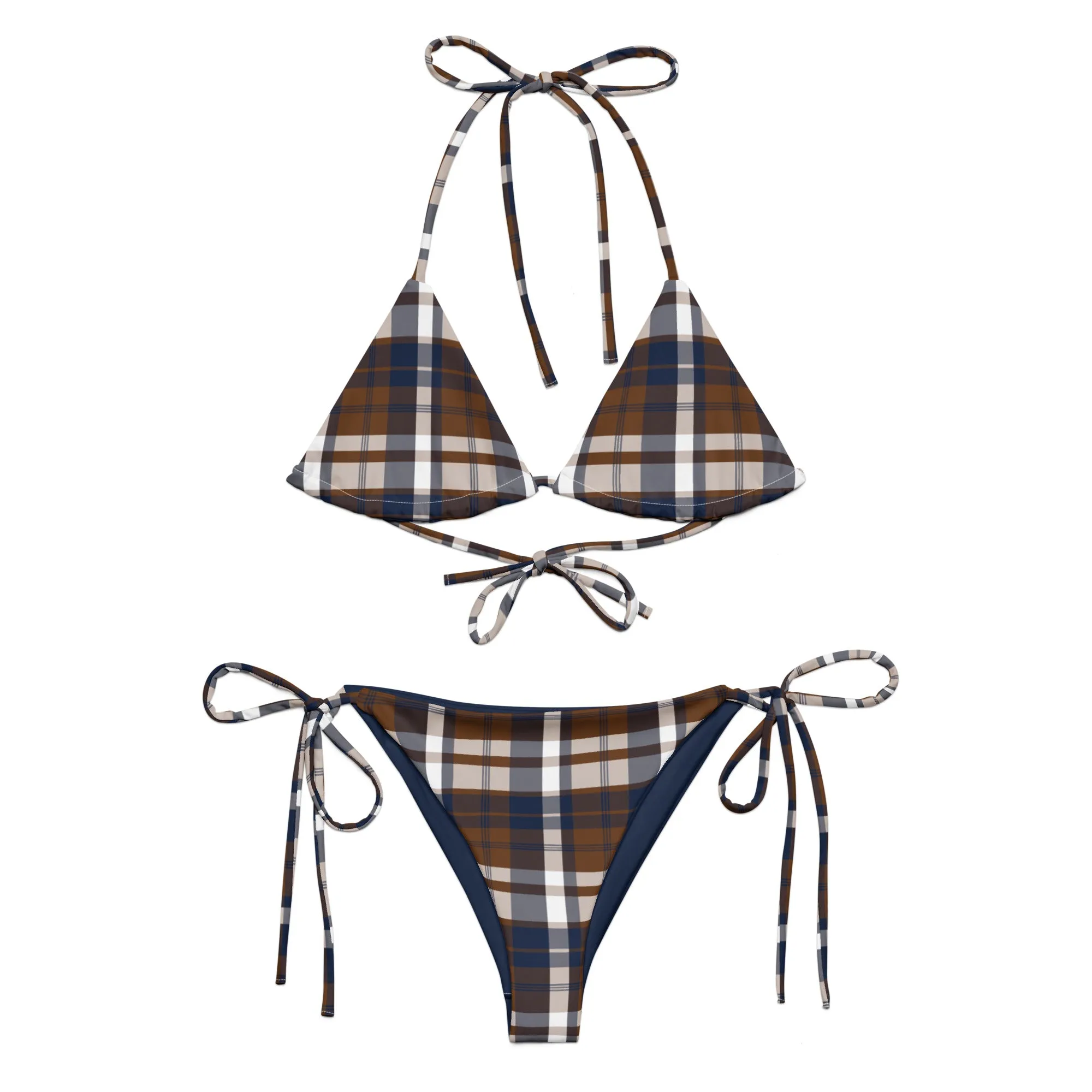 Navy Blue and Brown Preppy Surfer Girl Plaid String Bikini