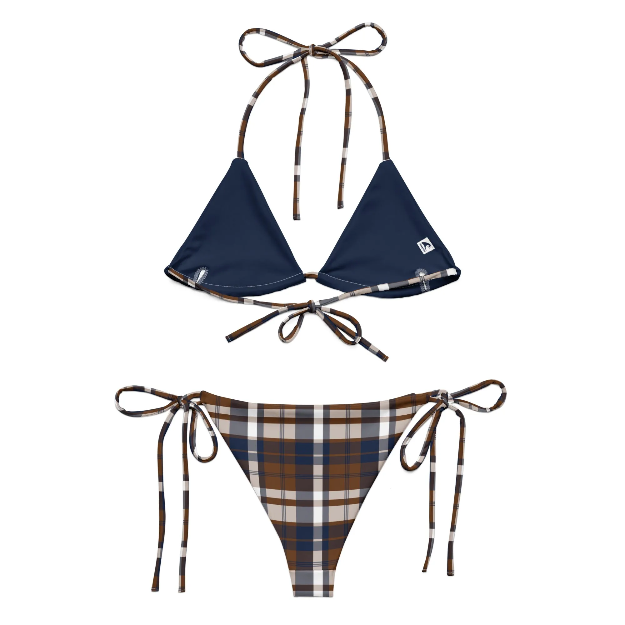 Navy Blue and Brown Preppy Surfer Girl Plaid String Bikini