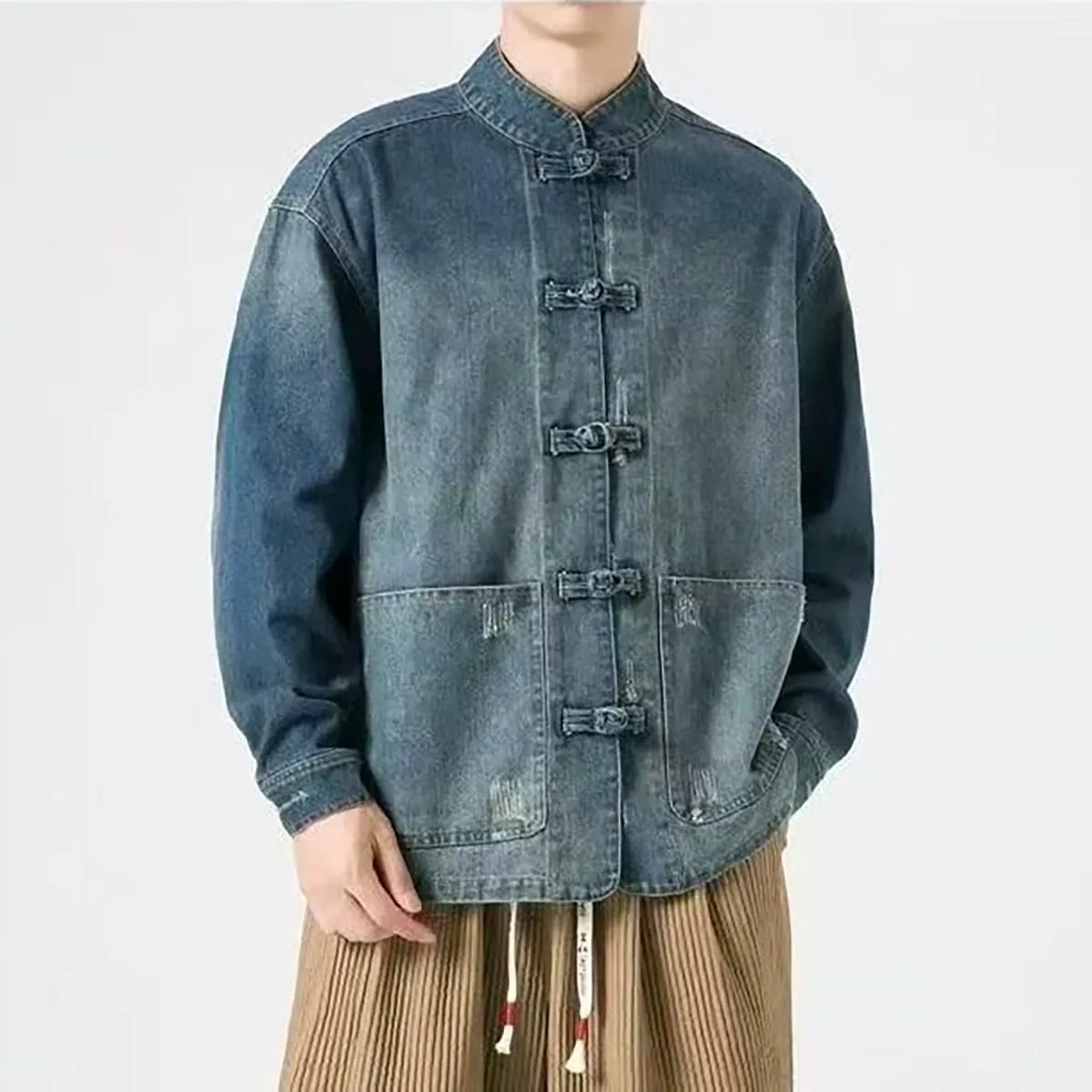 NCDUANSAN New Chinese style button up men's denim jacket, niche long sleeved jacket, casual and fashionable design hip-hop