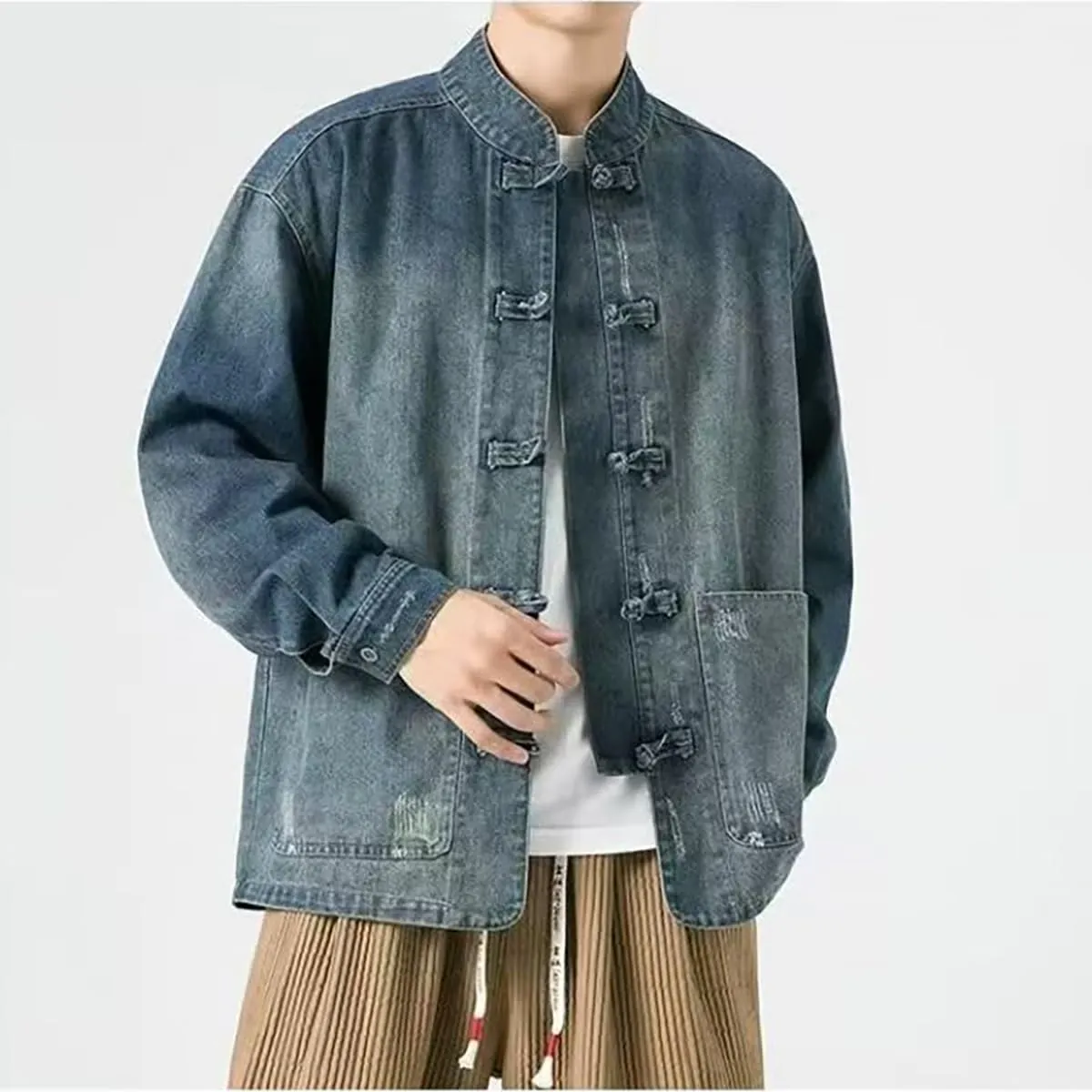 NCDUANSAN New Chinese style button up men's denim jacket, niche long sleeved jacket, casual and fashionable design hip-hop