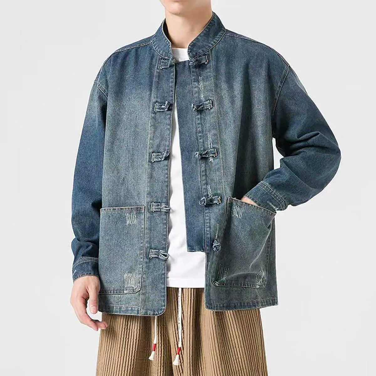 NCDUANSAN New Chinese style button up men's denim jacket, niche long sleeved jacket, casual and fashionable design hip-hop