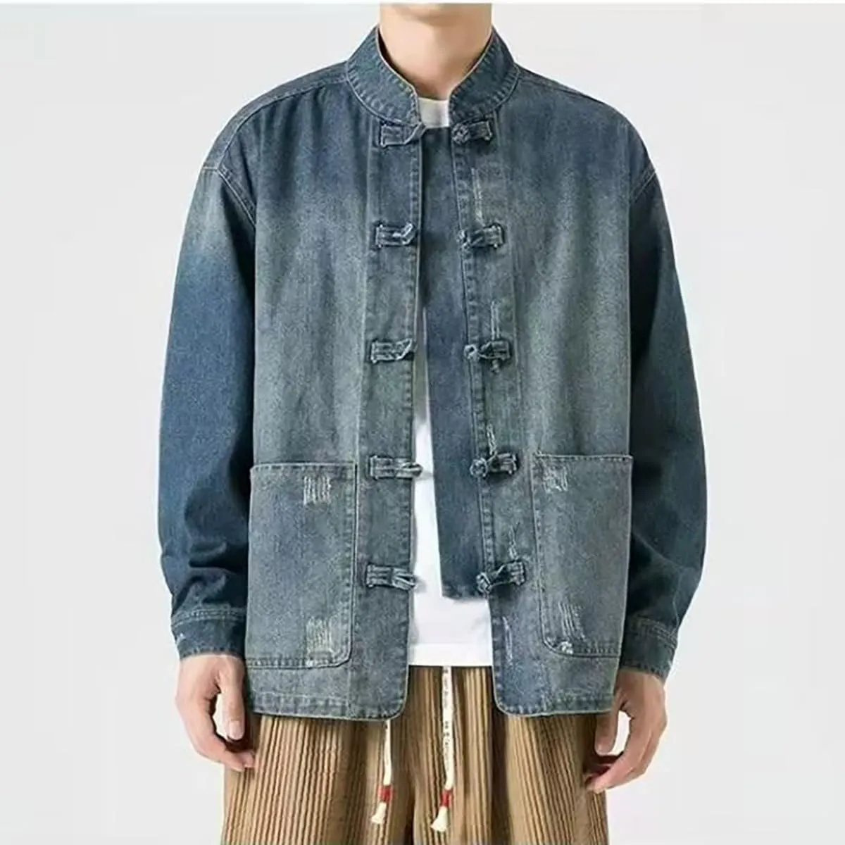 NCDUANSAN New Chinese style button up men's denim jacket, niche long sleeved jacket, casual and fashionable design hip-hop
