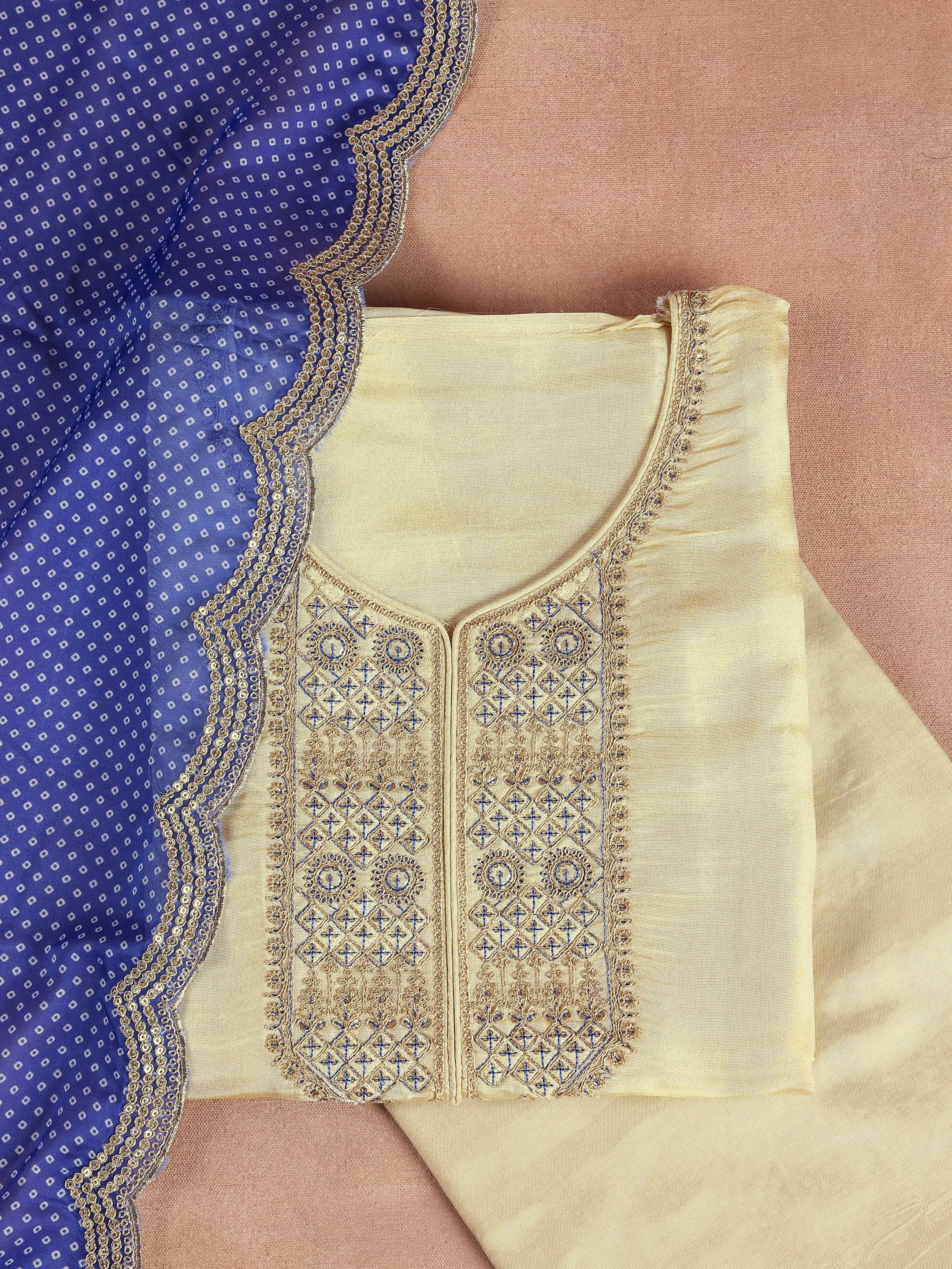 Off White Embroidered Organza Dress Material With Dupatta
