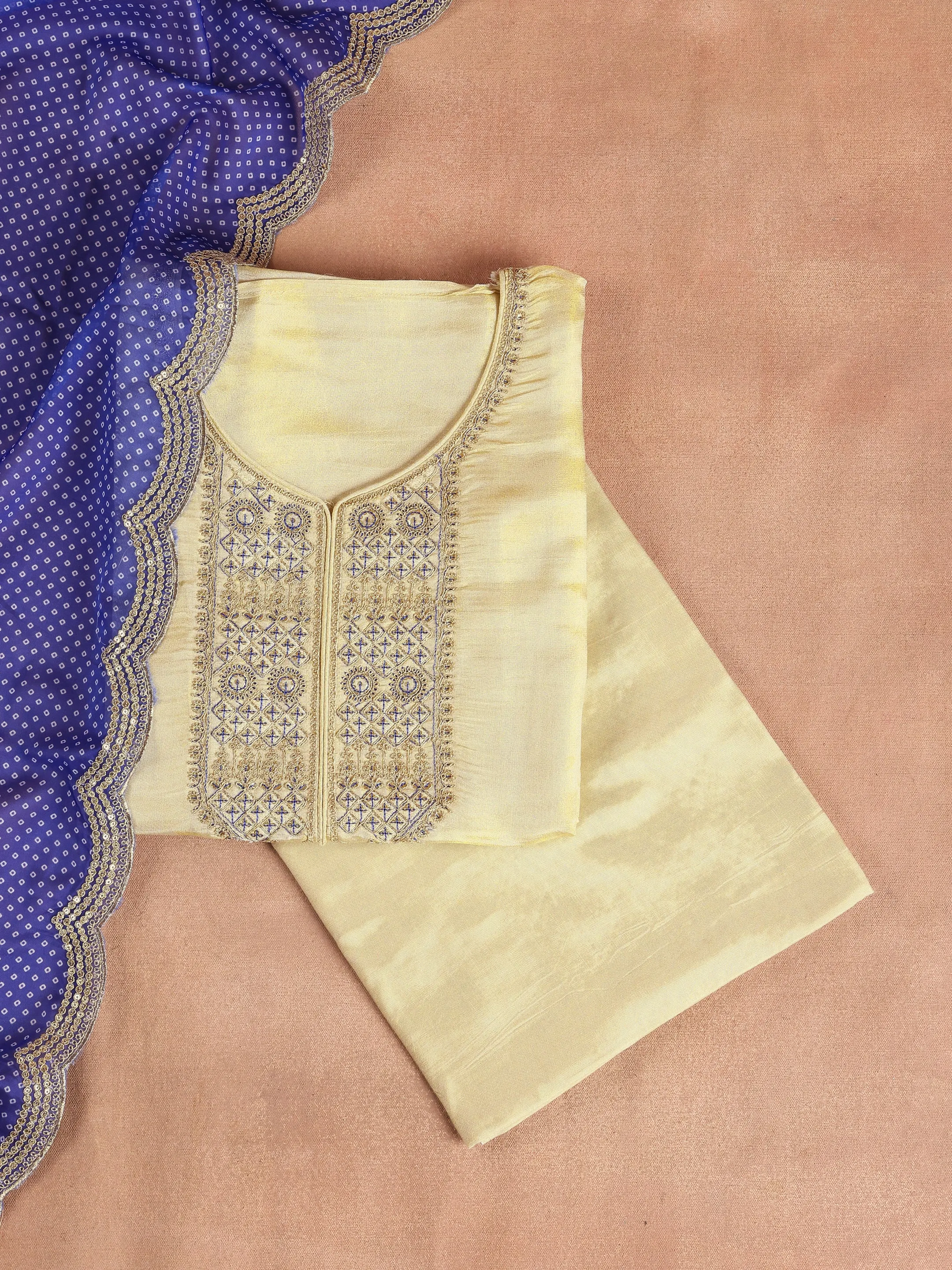 Off White Embroidered Organza Dress Material With Dupatta