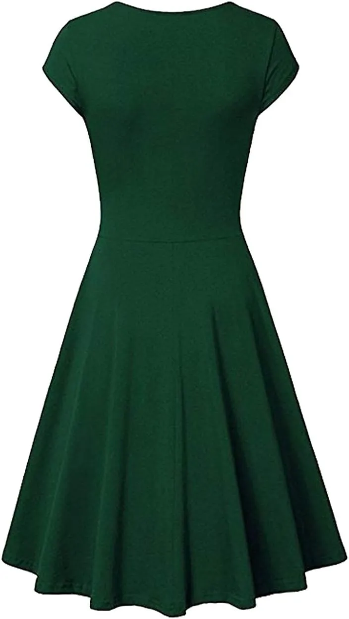 OMZIN Women's Summer 1950s Vintage Dress Wrap V Neck Cap Sleeve Dress Cocktail Swing Dress A-Line Flared Midi Dress