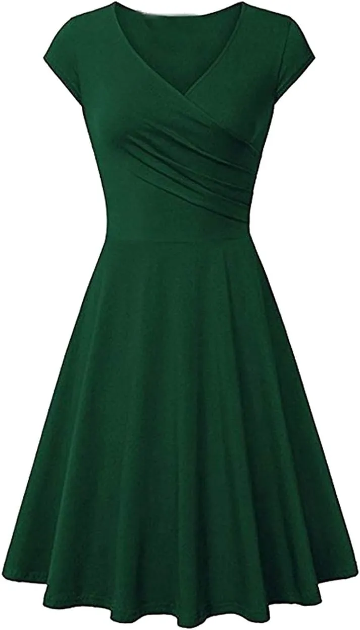 OMZIN Women's Summer 1950s Vintage Dress Wrap V Neck Cap Sleeve Dress Cocktail Swing Dress A-Line Flared Midi Dress