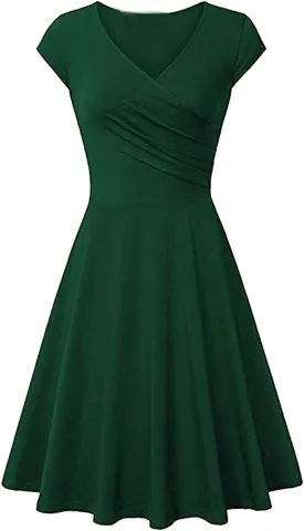 OMZIN Women's Summer 1950s Vintage Dress Wrap V Neck Cap Sleeve Dress Cocktail Swing Dress A-Line Flared Midi Dress