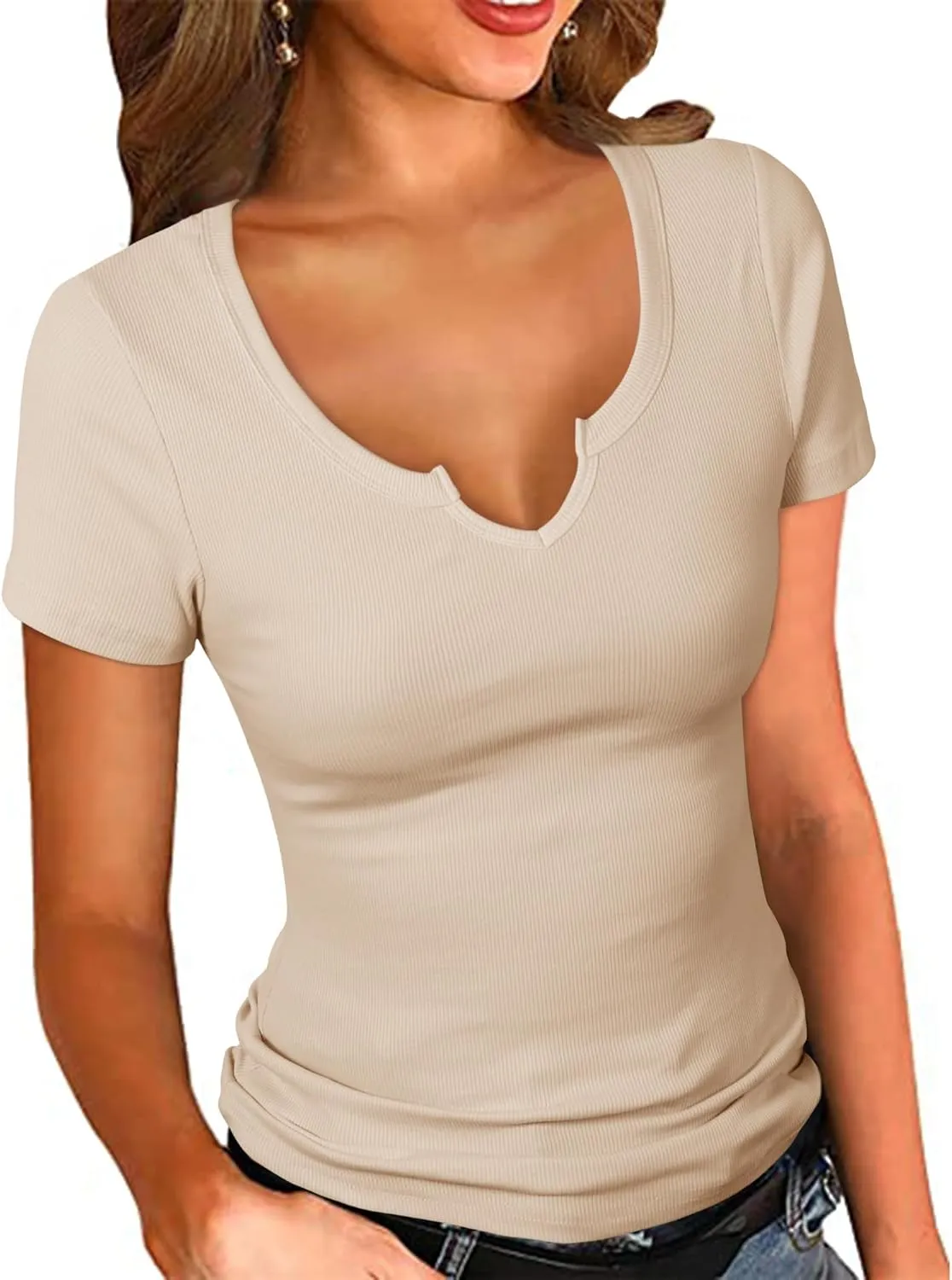 PALINDA Women's Notch V Scoop Neck Ribbed Fitted Shirt Basic Short Sleeves Tee Shirt Top