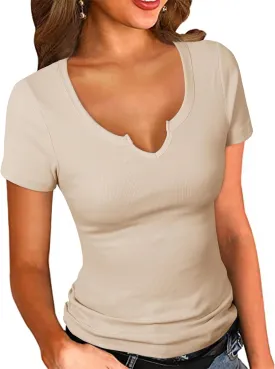 PALINDA Women's Notch V Scoop Neck Ribbed Fitted Shirt Basic Short Sleeves Tee Shirt Top