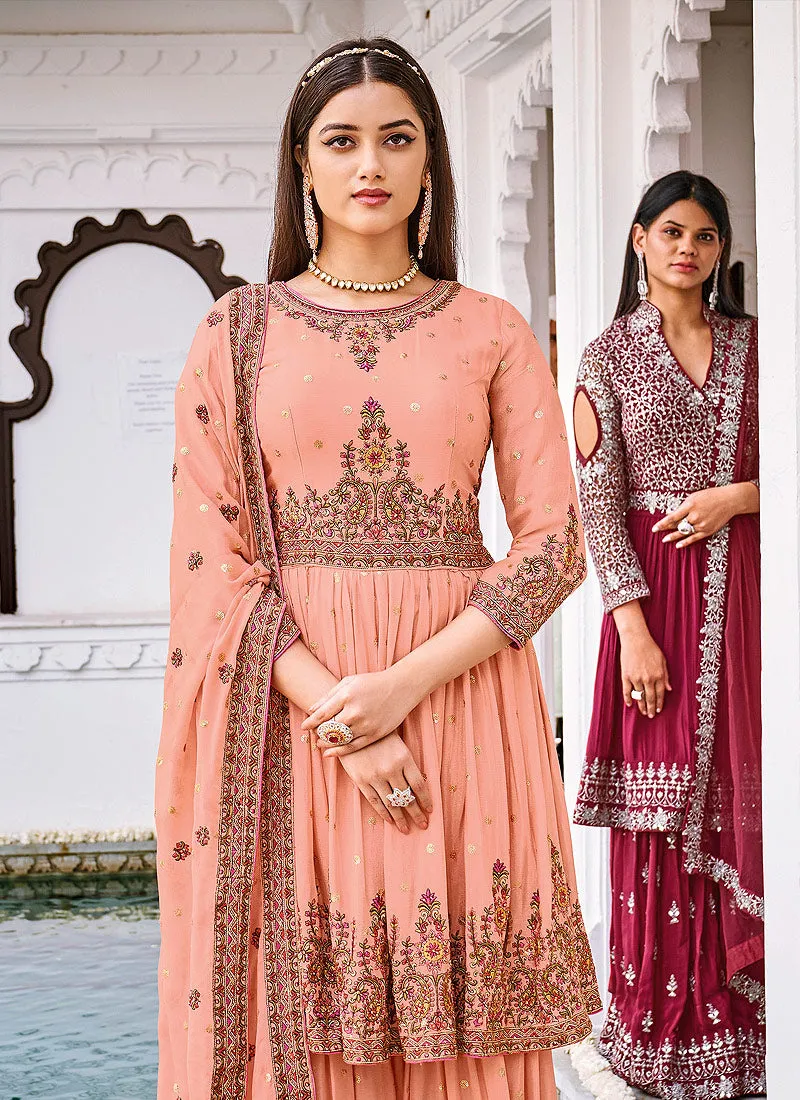 Peach Golden Embroidered Anarkali Style Gharara Suit