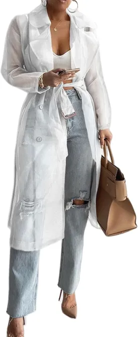 Perbai Womens Sheer Mesh Trench Jacket Lapel Double Breasted Belted Midi Peacoat Outerwear