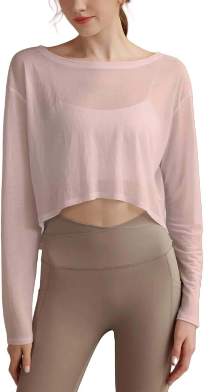 Perbai Womens UPF 50  Sun Shirts Mesh Crop Top Lightweight Long Sleeve Workout Yoga Top