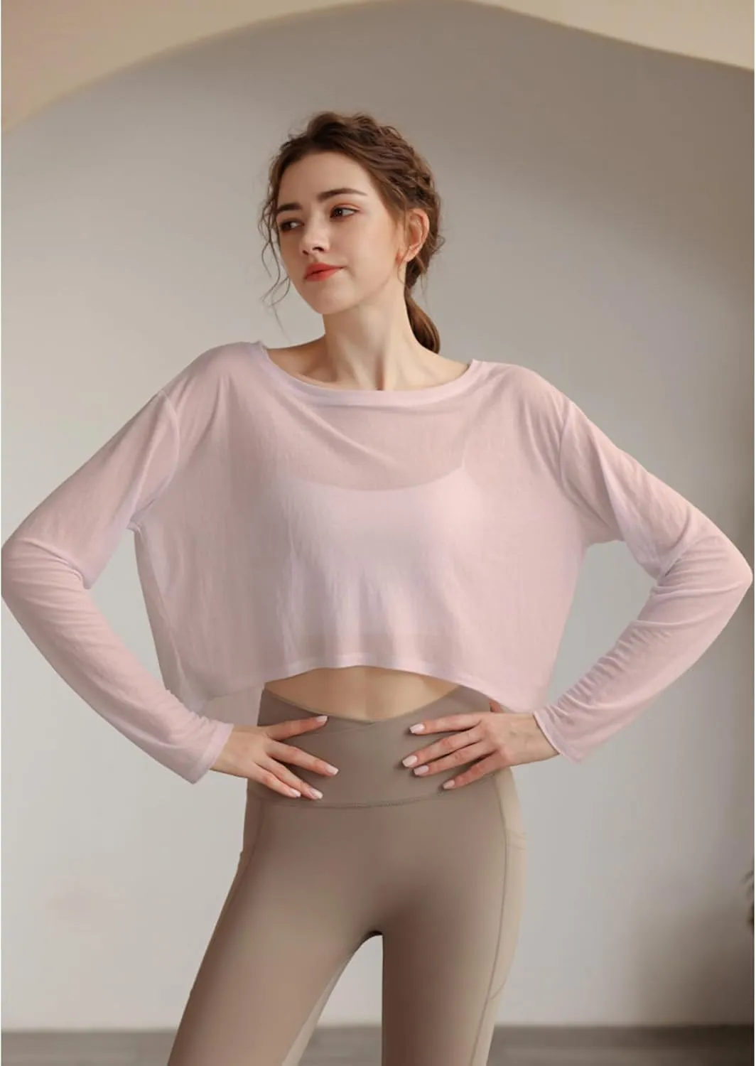Perbai Womens UPF 50  Sun Shirts Mesh Crop Top Lightweight Long Sleeve Workout Yoga Top