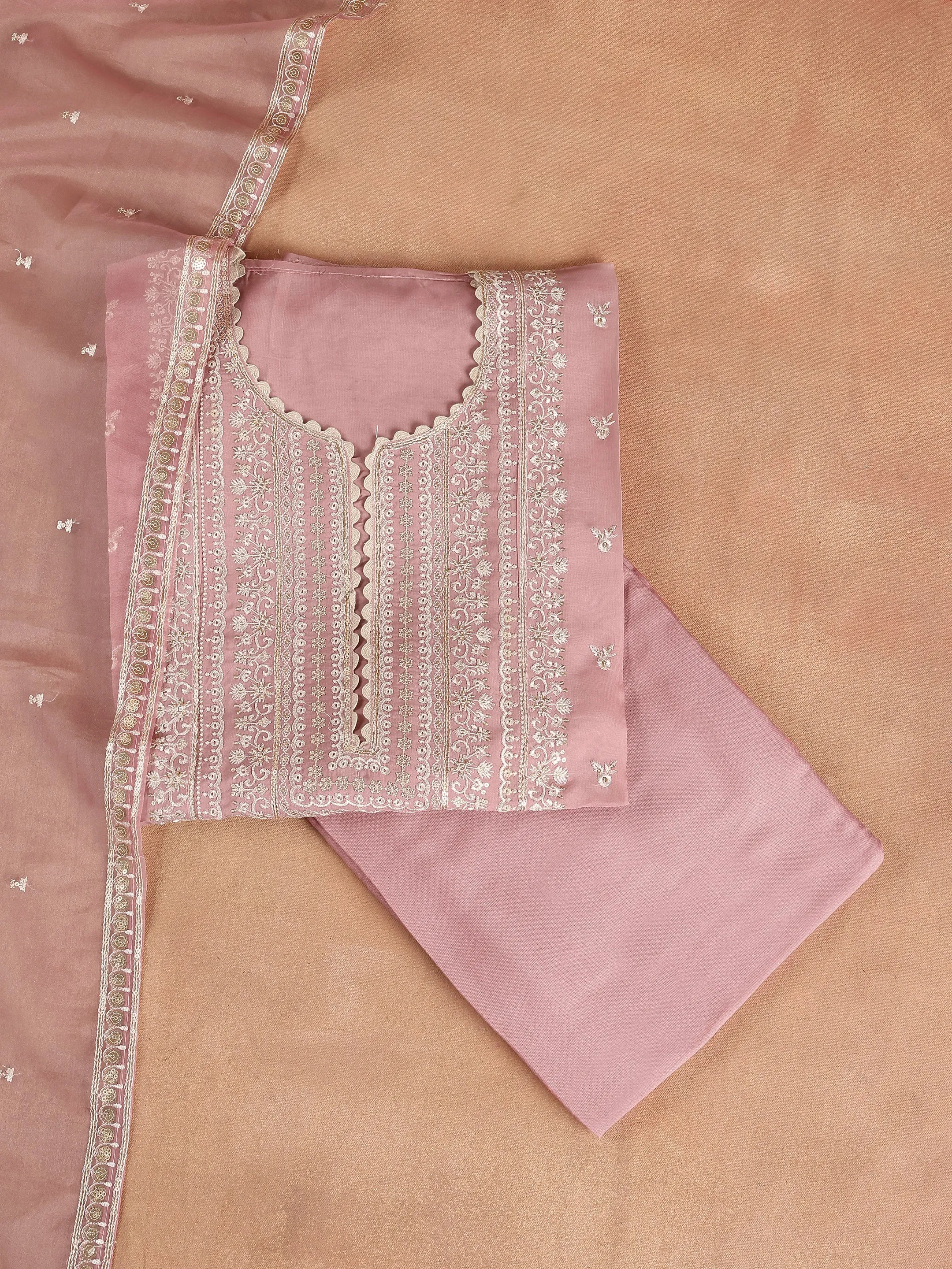 Pink Embroidered Organza Dress Material With Dupatta