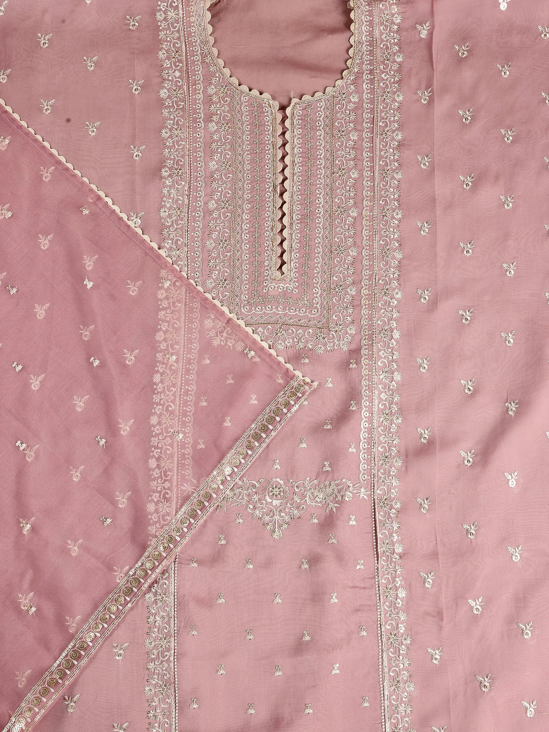 Pink Embroidered Organza Dress Material With Dupatta