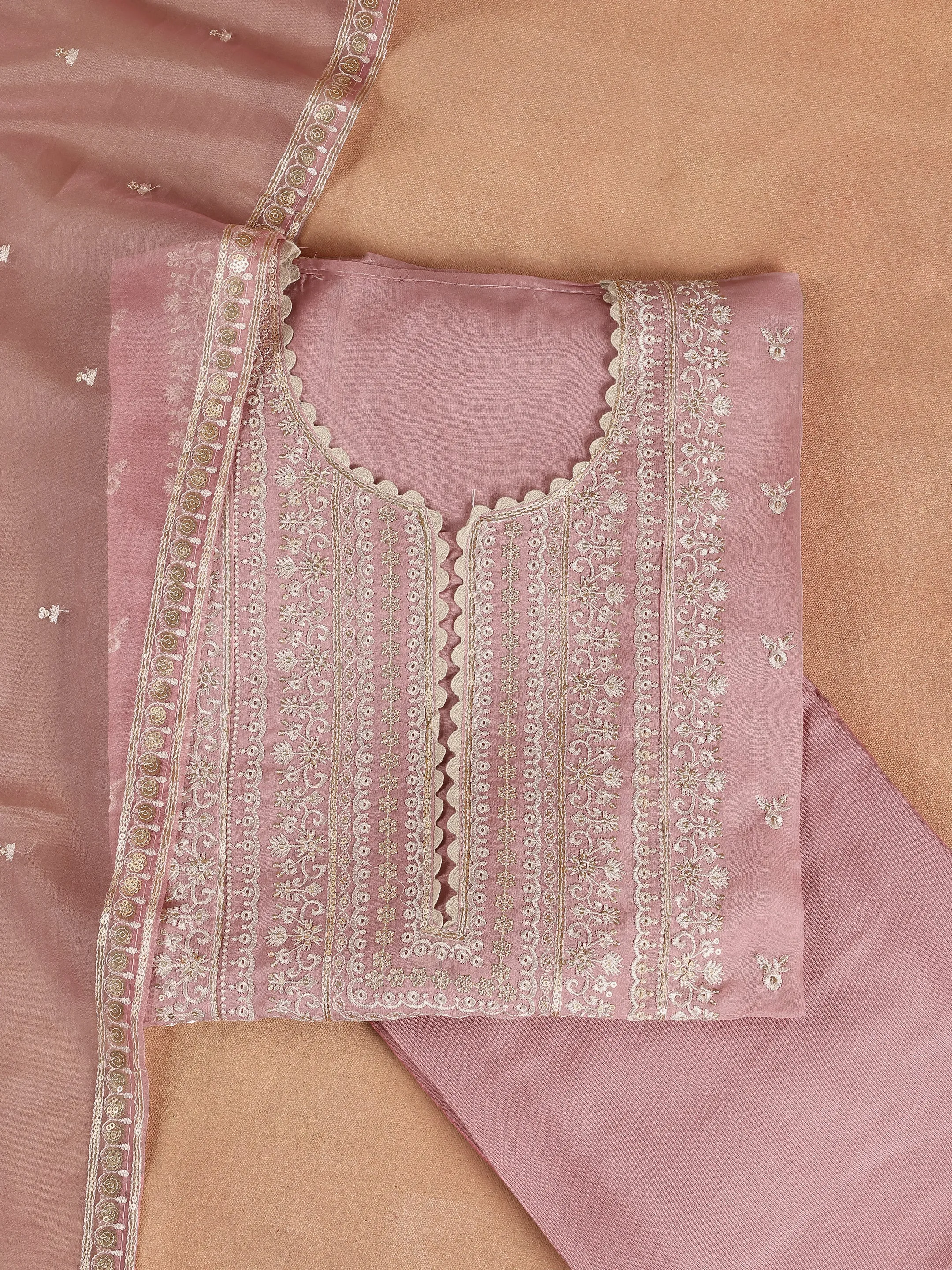 Pink Embroidered Organza Dress Material With Dupatta