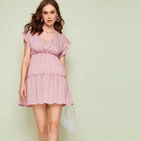 Pink Striped Surplice Lettuce Frill Dress