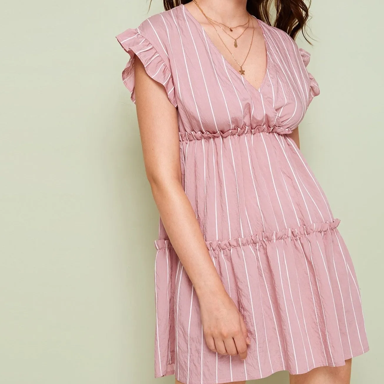 Pink Striped Surplice Lettuce Frill Dress
