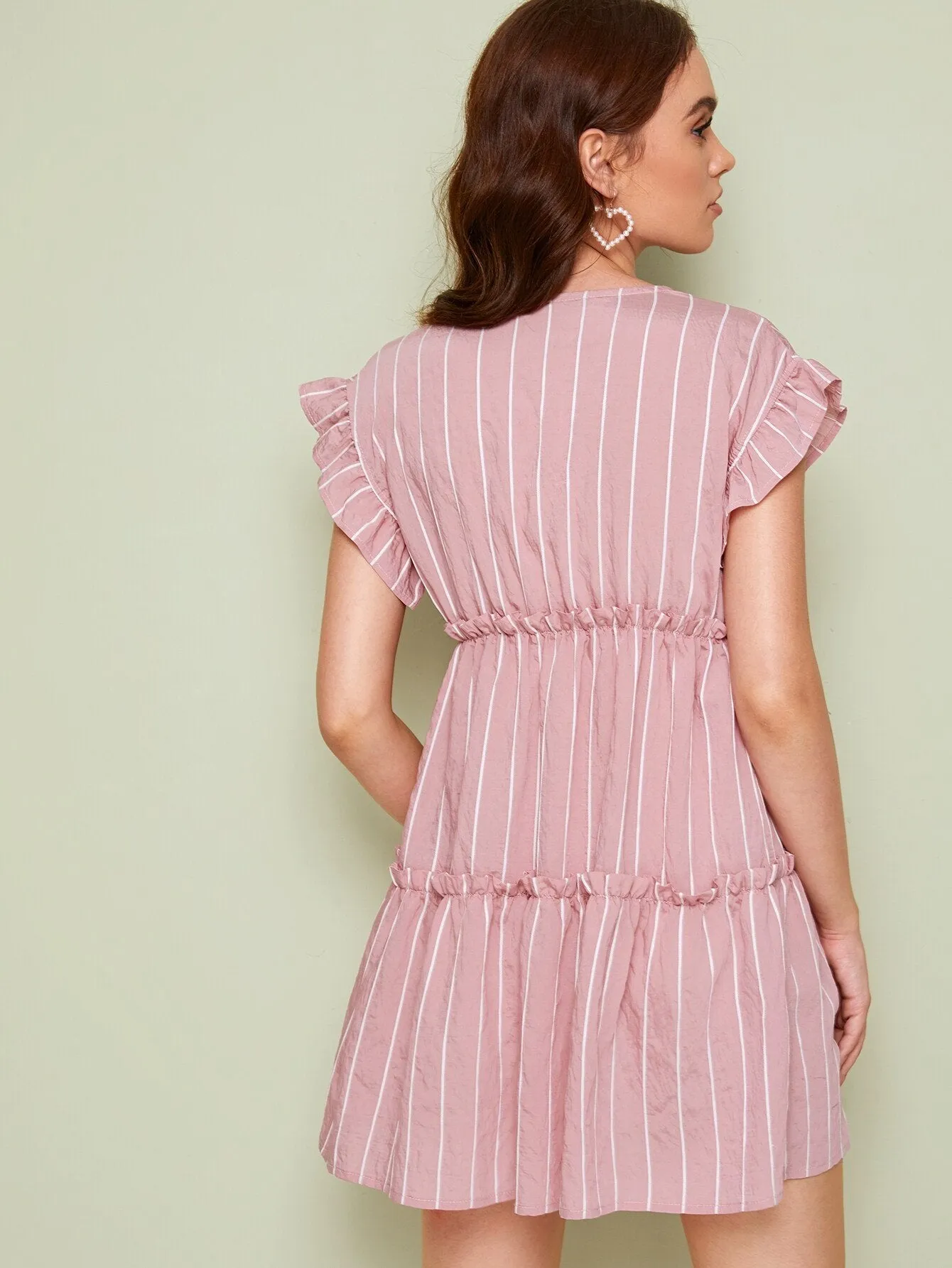 Pink Striped Surplice Lettuce Frill Dress