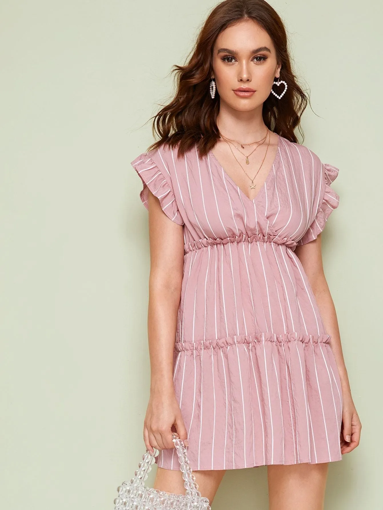 Pink Striped Surplice Lettuce Frill Dress
