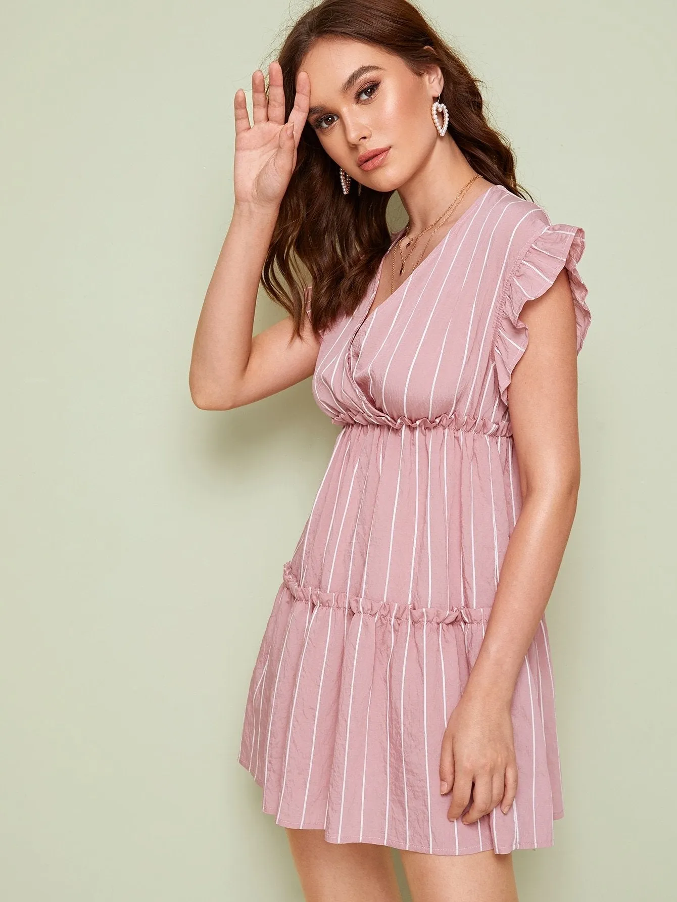 Pink Striped Surplice Lettuce Frill Dress