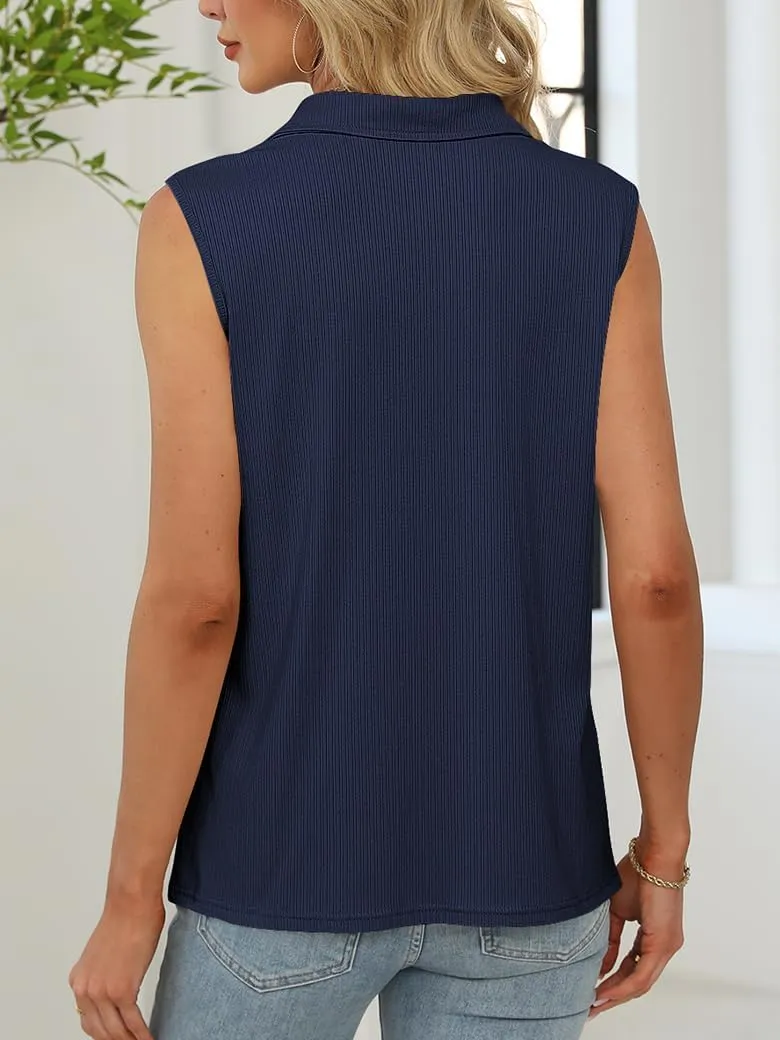 Poetsky Womens Summer Sleeveless Tank Top Zipper V Neck Collared Top Dressy Casual Ribbed Camisole Work Tank Polo Shirt