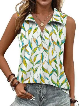 Poetsky Womens Summer Sleeveless Tank Top Zipper V Neck Collared Top Dressy Casual Ribbed Camisole Work Tank Polo Shirt