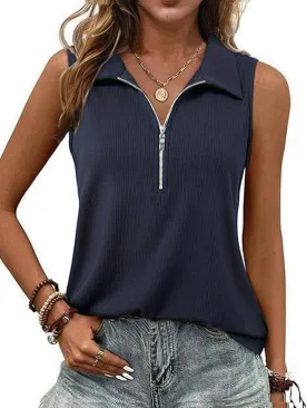 Poetsky Womens Summer Sleeveless Tank Top Zipper V Neck Collared Top Dressy Casual Ribbed Camisole Work Tank Polo Shirt