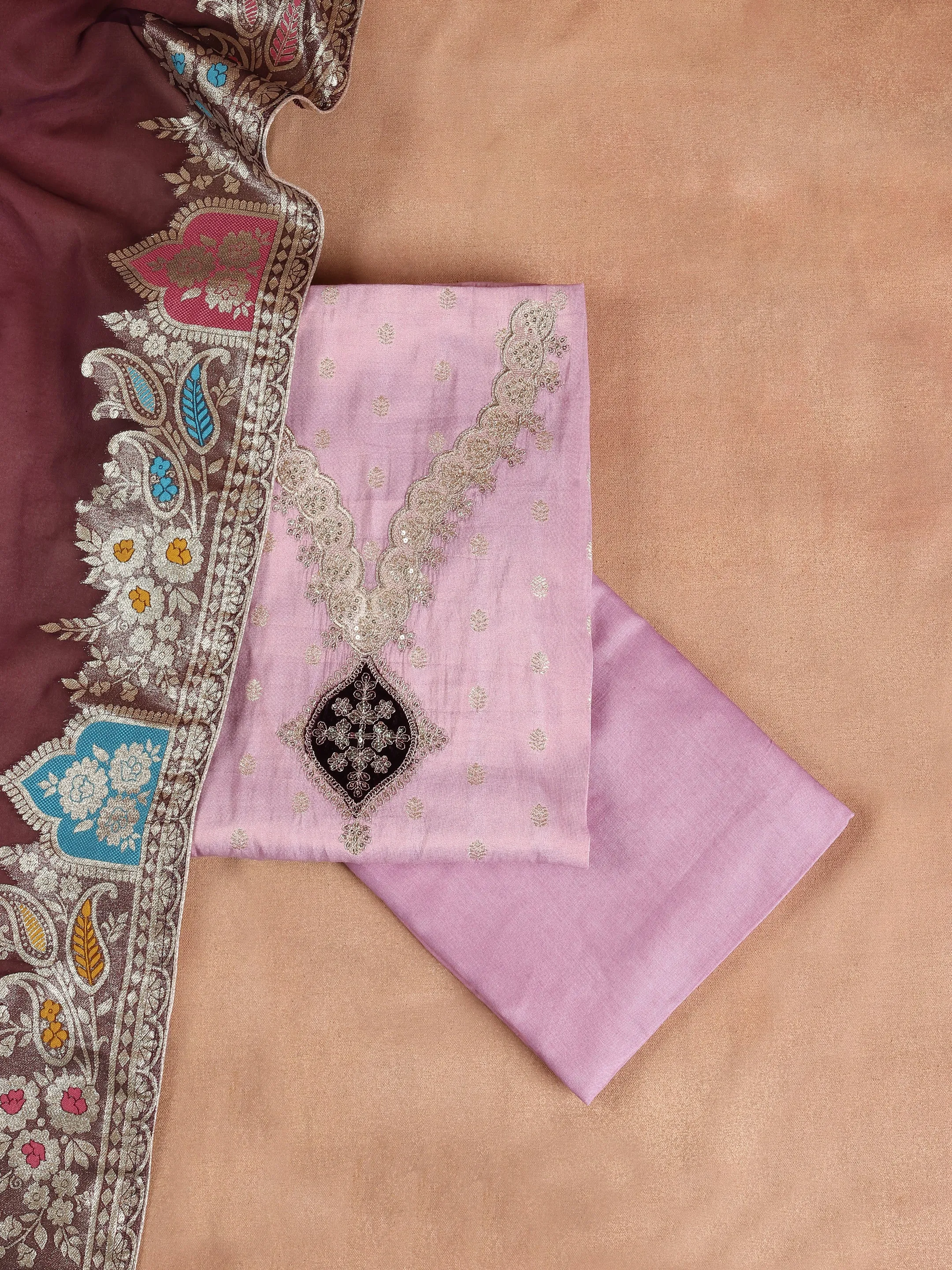 Purple Embroidered Silk Blend Dress Material With Dupatta
