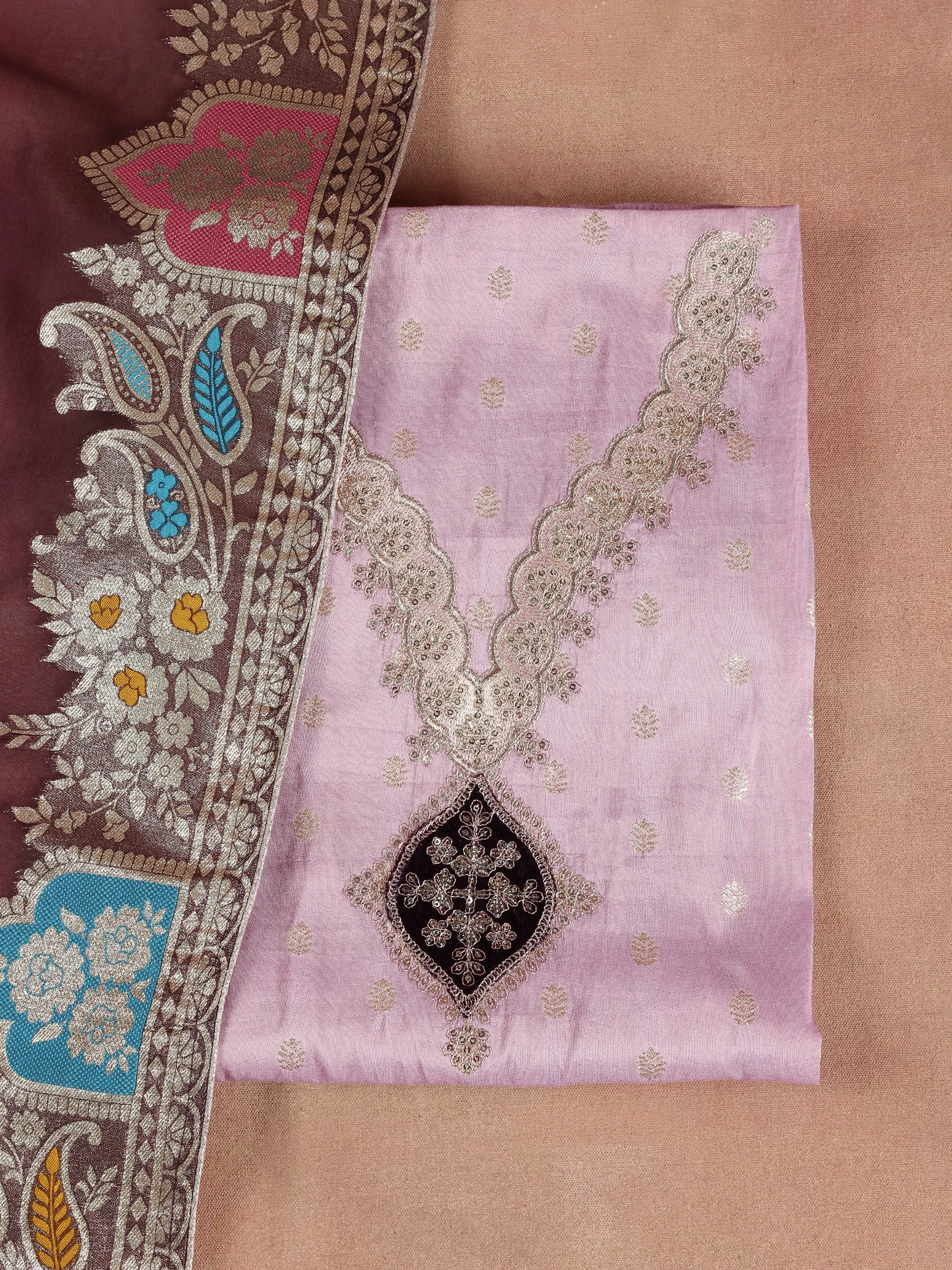 Purple Embroidered Silk Blend Dress Material With Dupatta